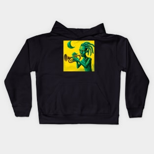 Surreal dreadlock alien playing trumpet Kids Hoodie